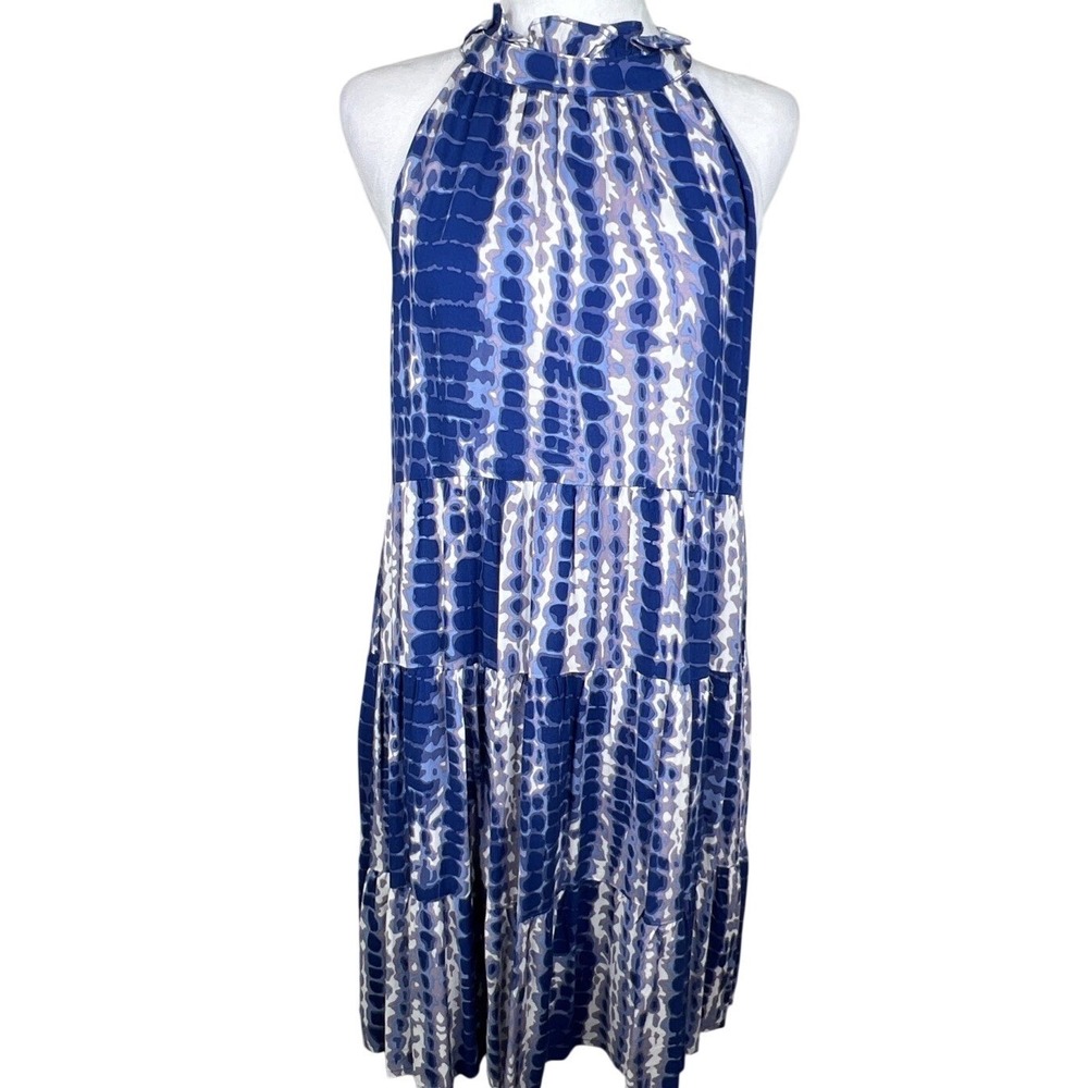 THML Tiered Halter High Neck Swing Dress Women M Blue Coastal Resort Boho Artsy‎